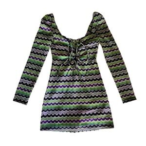 Nwt ZARA Knit Mini Dress Lace-up Geometric Stripe in Purple & Green Women’s XS